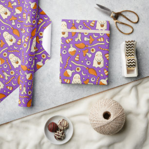 Papier Cadeau Jolis fantômes Halloween Élégant violet Orange