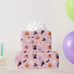 Papier Cadeau Jolis fantômes roses d'Halloween, chats et citroui