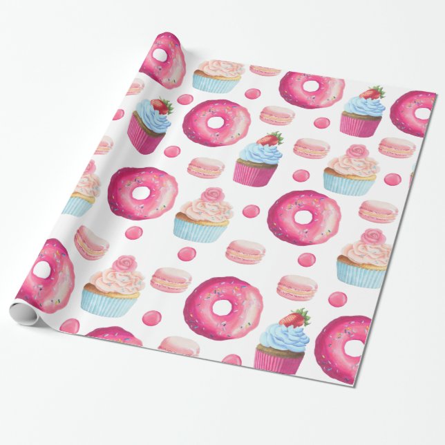 Papier Cadeau Jolis gâteaux et doughnuts roses sur fond blanc (Déroulé)