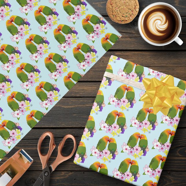 Papier Cadeau Jolis Inséparables Fleurs Tropicales Oiseau Romant (Créateur téléchargé)