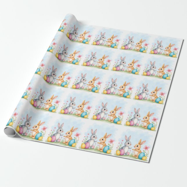 Papier Cadeau Jolis Lapins de Pâques Magnifiques Collection Mode (Déroulé)