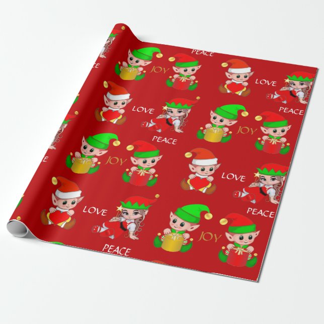 Papier Cadeau Jolis lutins de Noël sur fond rouge (Déroulé)