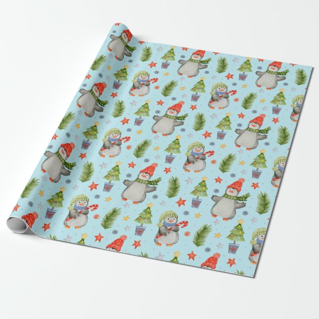 Papier Cadeau Jolis manchots de Noël au Pôle Nord  (Déroulé)