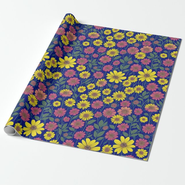 Papier Cadeau Jolis marguerites jaunes roses Fleur Jardin botani (Déroulé)