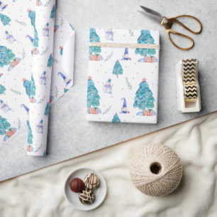 Papier Cadeau Jolis nains aquarelle bleu sapin enneigé de Noël