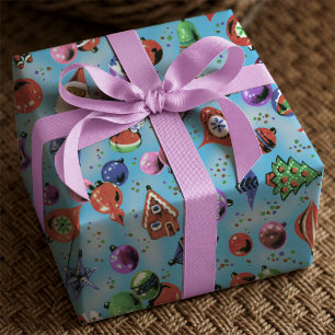 Papier Cadeau Jolis ornements de Noël bleus rétro colorés