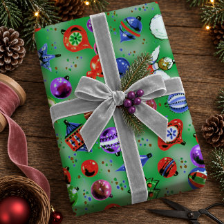 Papier Cadeau Jolis ornements de Noël rétro colorés verts
