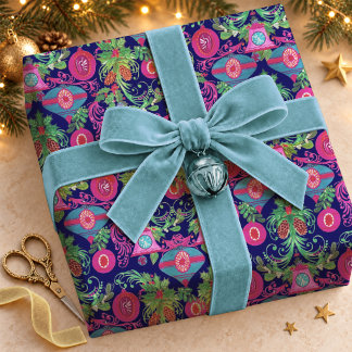 Papier Cadeau Jolis ornements de Noël roses bleus vintage