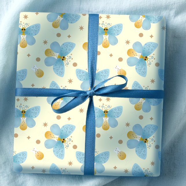 Papier Cadeau Jolis Papillons Bleus Avec Verre à Champagne (Blue wings, gold dots, butterflies in a glass. A cute way to wrap up any gift.)