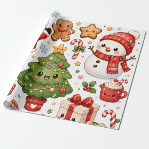 Papier Cadeau Jolis personnages de Noël Kawaii Santa Bonhomme de