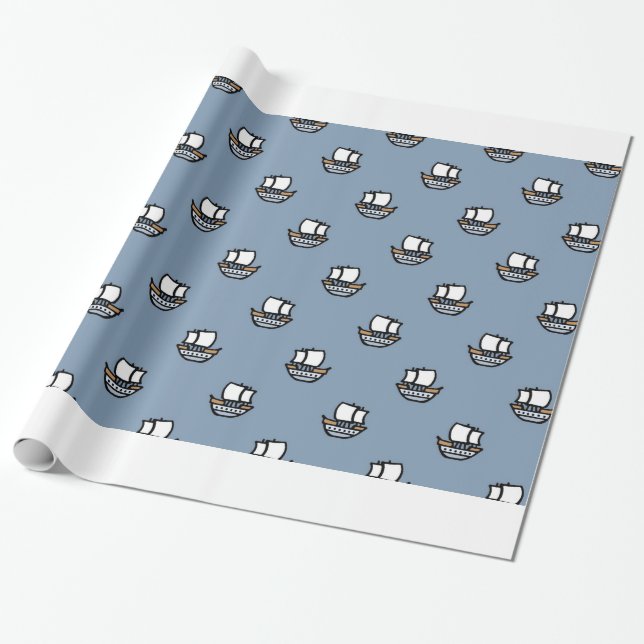 Papier Cadeau Jolis Petits Navires sur Fond Bleu (Déroulé)