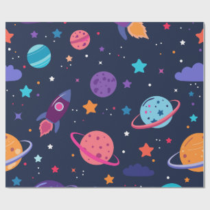 Papier Cadeau Jolis Planètes Fusée Étoiles Enfants Anniversaire