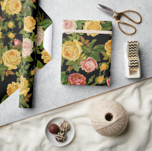 Papier Cadeau Jolis rose floral noir vintage et vert