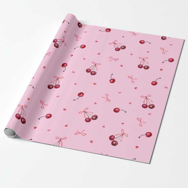 Papier Cadeau Jolis rubans de cerises rouges cœurs sur fond rose (Déroulé)