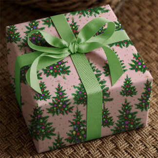 Papier Cadeau Jolis sapins de Noël rose et colorés