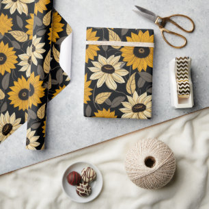 Papier Cadeau Jolis tournesols jaune crème noirs