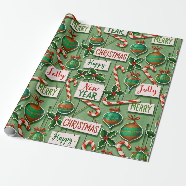 Papier Cadeau Jolly Holiday Jumble Vert (Déroulé)