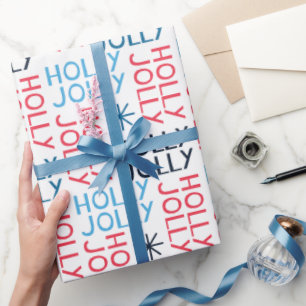 Papier Cadeau Jolly Holly Typographie Rouge Bleu Blanc Noël