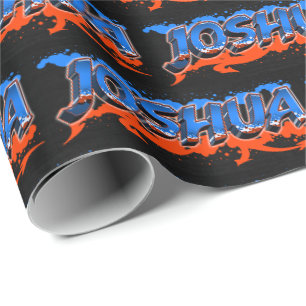 Papier Cadeau Joshua prénom nom graffiti bleu orange