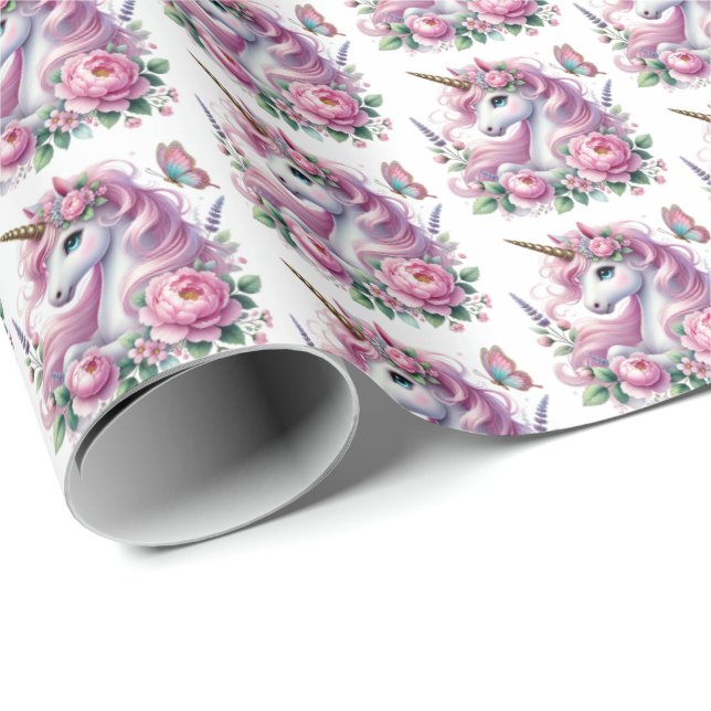 Papier Cadeau Jote carrelée filles unicorne fête (Coin rond)