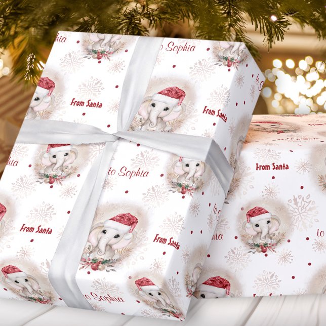 Papier Cadeau Jote Père Noël Elephant Rouge Blanc Fille Nom Noël (Cute Santa Elephant Red White Girl Name Christmas Wrapping Paper)
