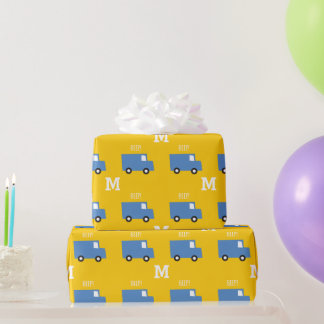 Papier Cadeau Jouets Garçons Transport Camion bleu Monogramme An