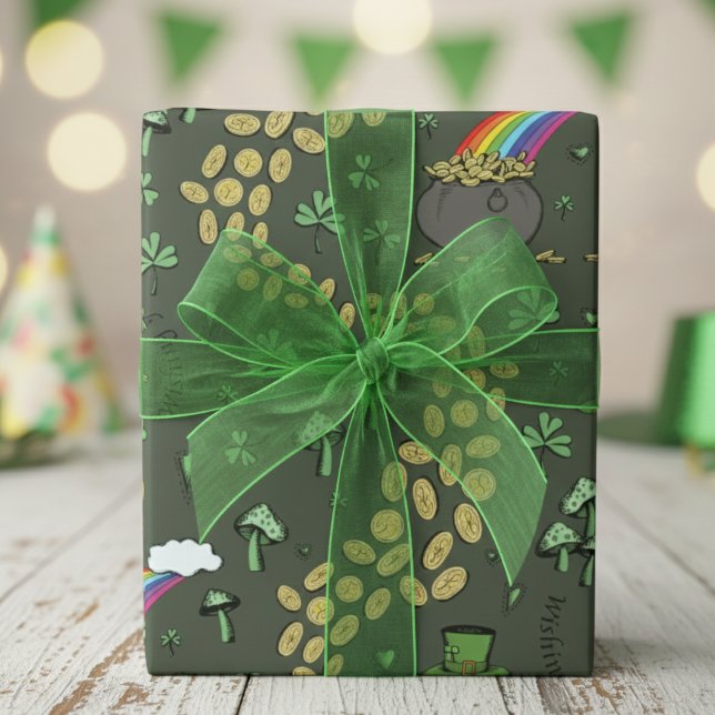 Papier Cadeau Jour de la Saint Patrick irlandais amusant Leprech (Dark Green St Patrick's Day Wrapping Paper. Fun Irish Green Shamrocks, Rainbow, Lucky Coins Pattern)