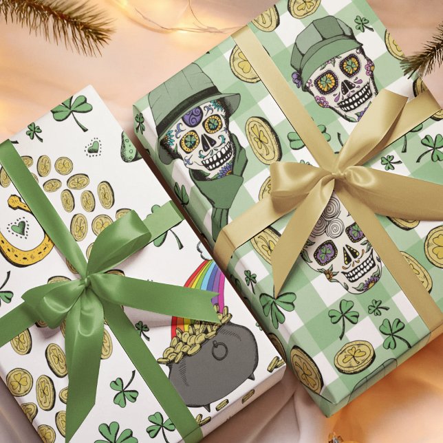Papier Cadeau Jour de la Saint Patrick irlandais amusant Leprech (Whimsical St Patricks Day festive gift wrap. Both silly and cute, perfect for making you SMILE :)))