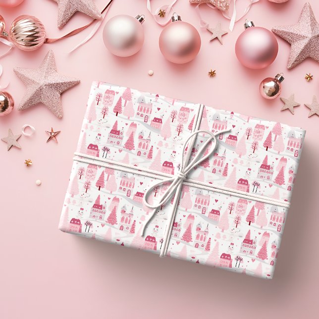 Papier Cadeau Jour de neige du village de Noël rose mignon (Créateur téléchargé)