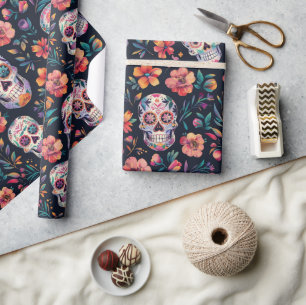 Papier Cadeau Jour des crânes de sucre morts avec fleurs