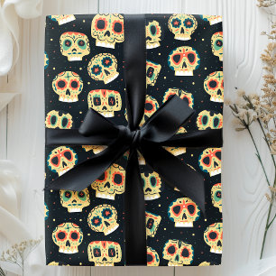 Papier Cadeau Jour des Morts Motif de Crâne en Sucre de Couleur 