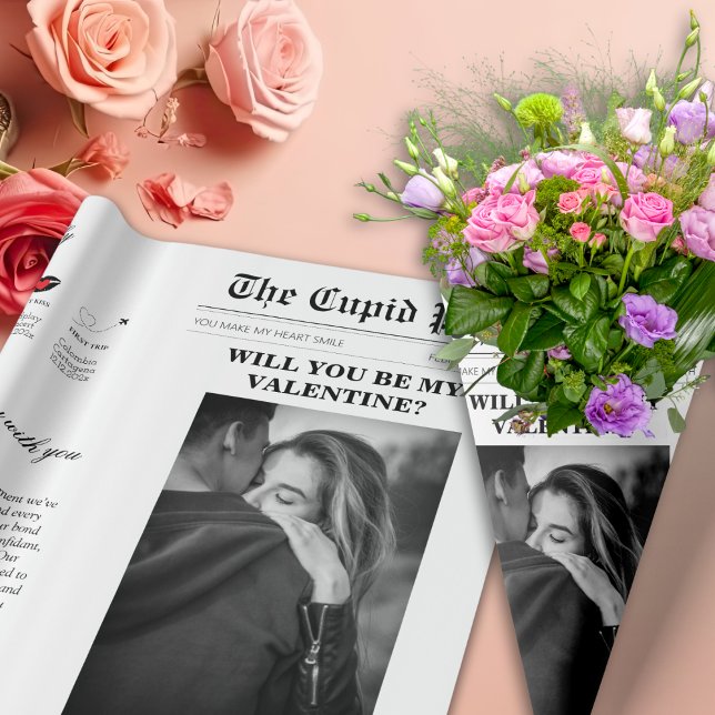 Papier Cadeau Journal de la Saint-Valentin Notre histoire d'amou (Valentines Day Newspaper Our Love Story Time Line Wrapping Paper)