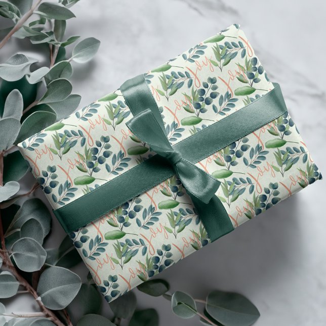 Papier Cadeau Joy Script Green Sage Floral Folial Foliage Noël (Joy Script Green Sage Floral Foliage Christmas Wrapping Paper)