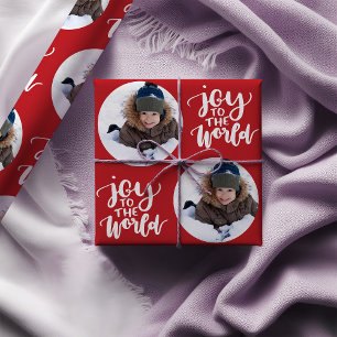 Papier Cadeau Joy to the World Calligraphy Round Photo Rouge
