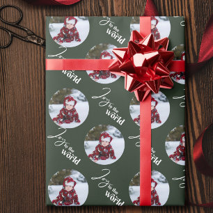 Papier Cadeau Joy to the World Script Round Photos Green