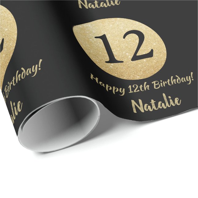 Papier Cadeau Joyeuse 12e anniversaire Parties scintillant Noir  (Coin rond)