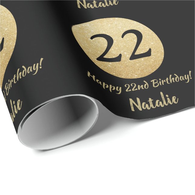 Papier Cadeau Joyeuse 22e anniversaire Parties scintillant Noir  (Coin rond)