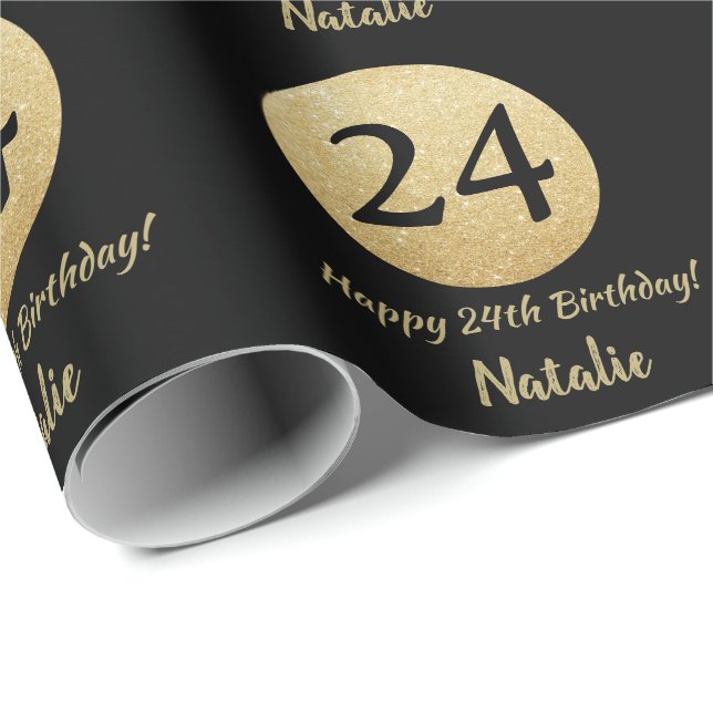 Papier Cadeau Joyeuse 24e anniversaire Parties scintillant Noir  (Coin rond)