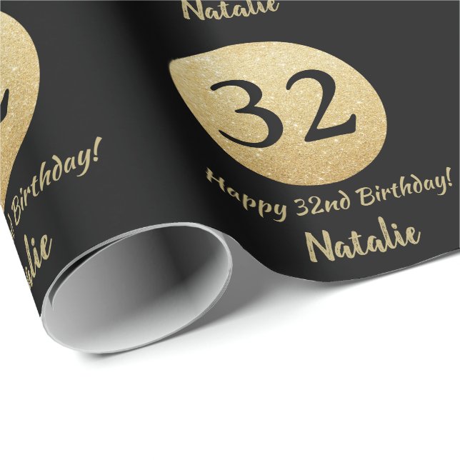 Papier Cadeau Joyeuse 32e anniversaire Parties scintillant Noir  (Coin rond)