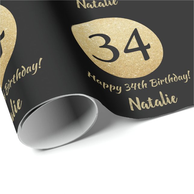 Papier Cadeau Joyeuse 34e anniversaire Parties scintillant Noir  (Coin rond)