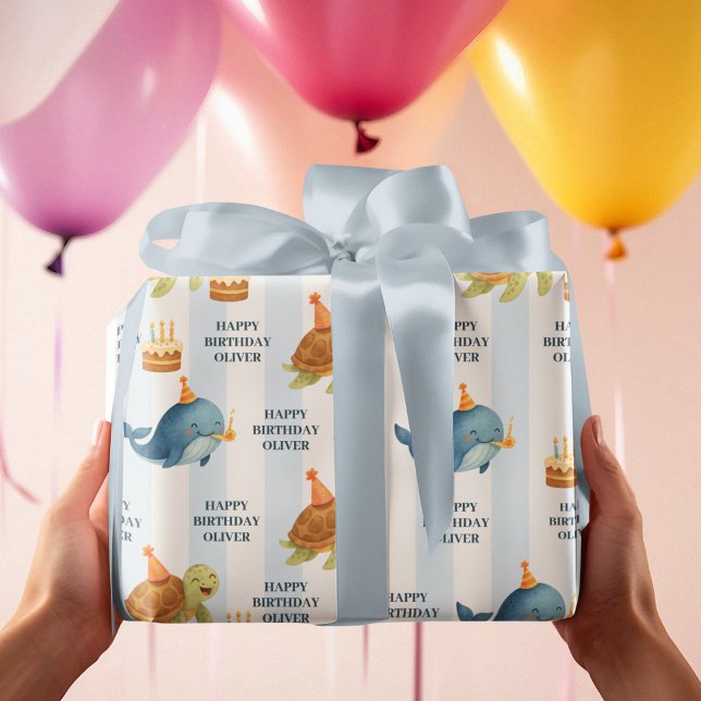 Papier Cadeau Joyeuse baleine et tortue d'anniversaire | Bleu ma (Créateur téléchargé)