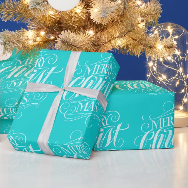 Papier Cadeau Joyeuse calque de Noël Turquoise Script bleu (Vacances)
