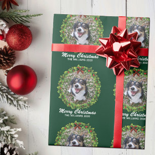 Papier Cadeau Joyeuse couronne de Noël Custom Chien Photo Green