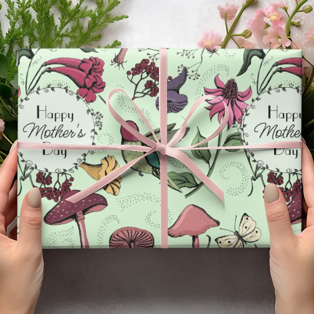 Papier Cadeau Joyeuse Fête des mères Enchantée Printemps Jardin  (Beautiful Enchanted Garden Floral Mother's Day Wrapping Paper: hummingbird, mushroom, wildfowers...)