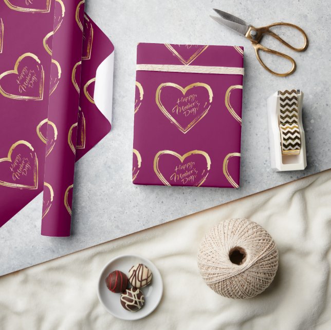 Papier Cadeau Joyeuse fête des mères Gold Heart Elégant luxe (Artisanat)