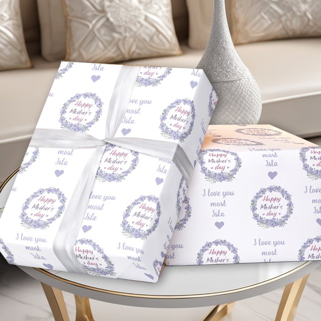 Papier Cadeau Joyeuse Fête des Mères Nom du texte personnalisé F (Happy Mother's Day Personalized Text Name Floral Wrapping Paper)