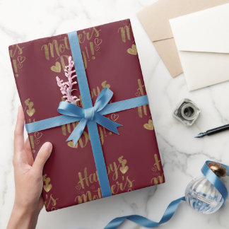 Papier Cadeau Joyeuse Fête des Mères Or Cœur Script
