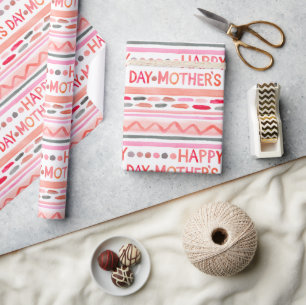 Papier Cadeau Joyeuse Fête des Mères Rayures Aquarelle Rose