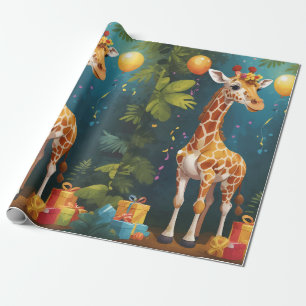 Papier Cadeau Joyeuse Giraffe avec cadeaux   Papier d'enrobage