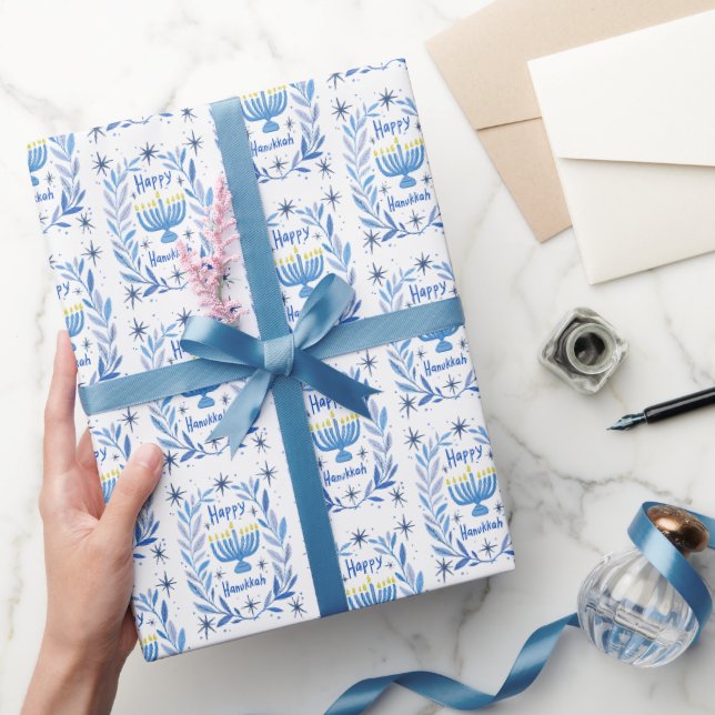 Papier Cadeau Joyeuse Hanoucca Menorah Botanique Aquarelle (Cadeaux)